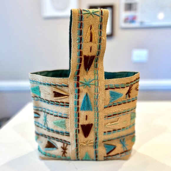 Vintage Jute Market Mini Tote Bag Handmade with Turquoise and Brown Boho Pattern - Picture 1 of 7